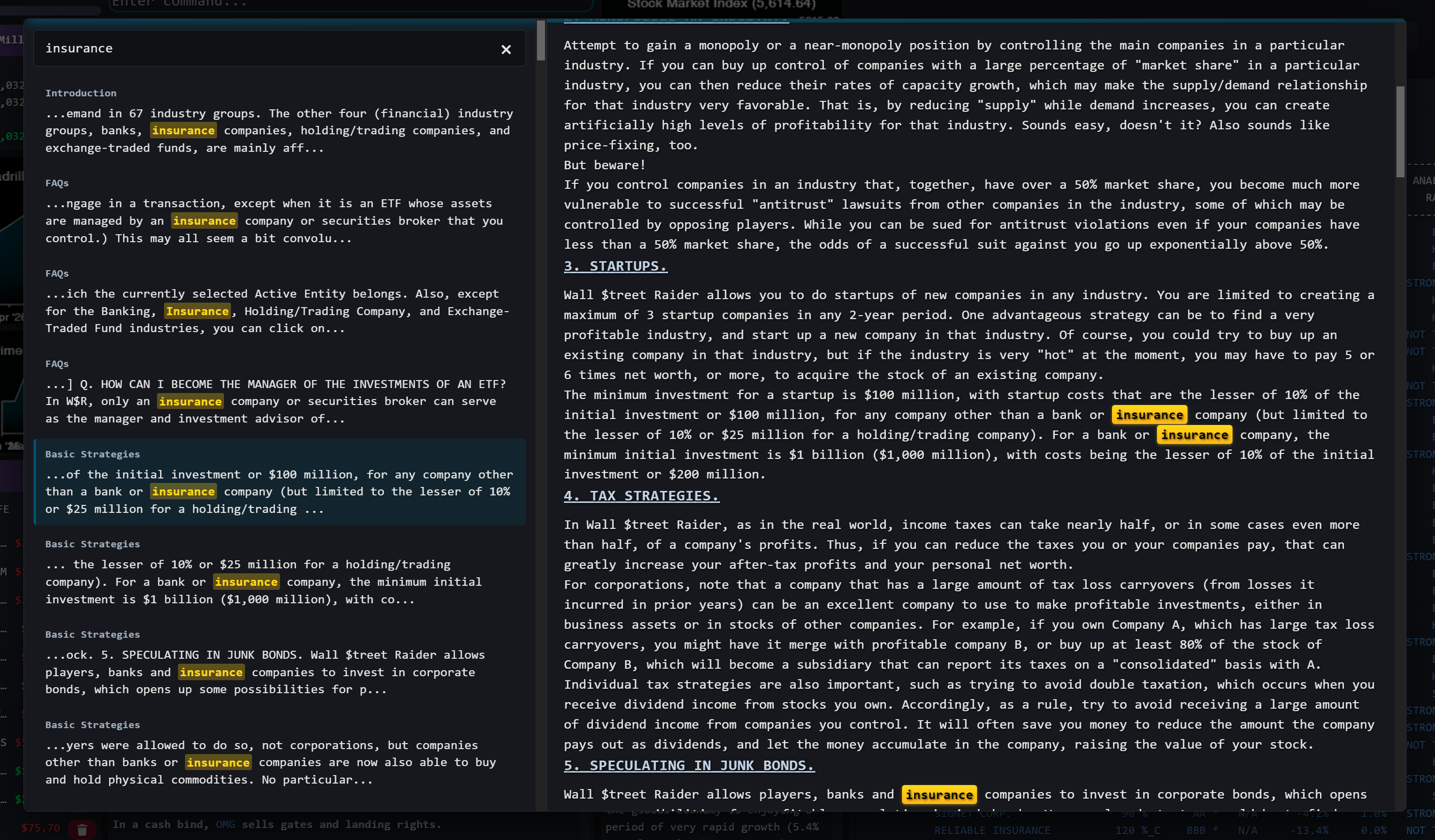 In-game manual with keyword highlighting covering insurance, tax strategies, and investment mechanics