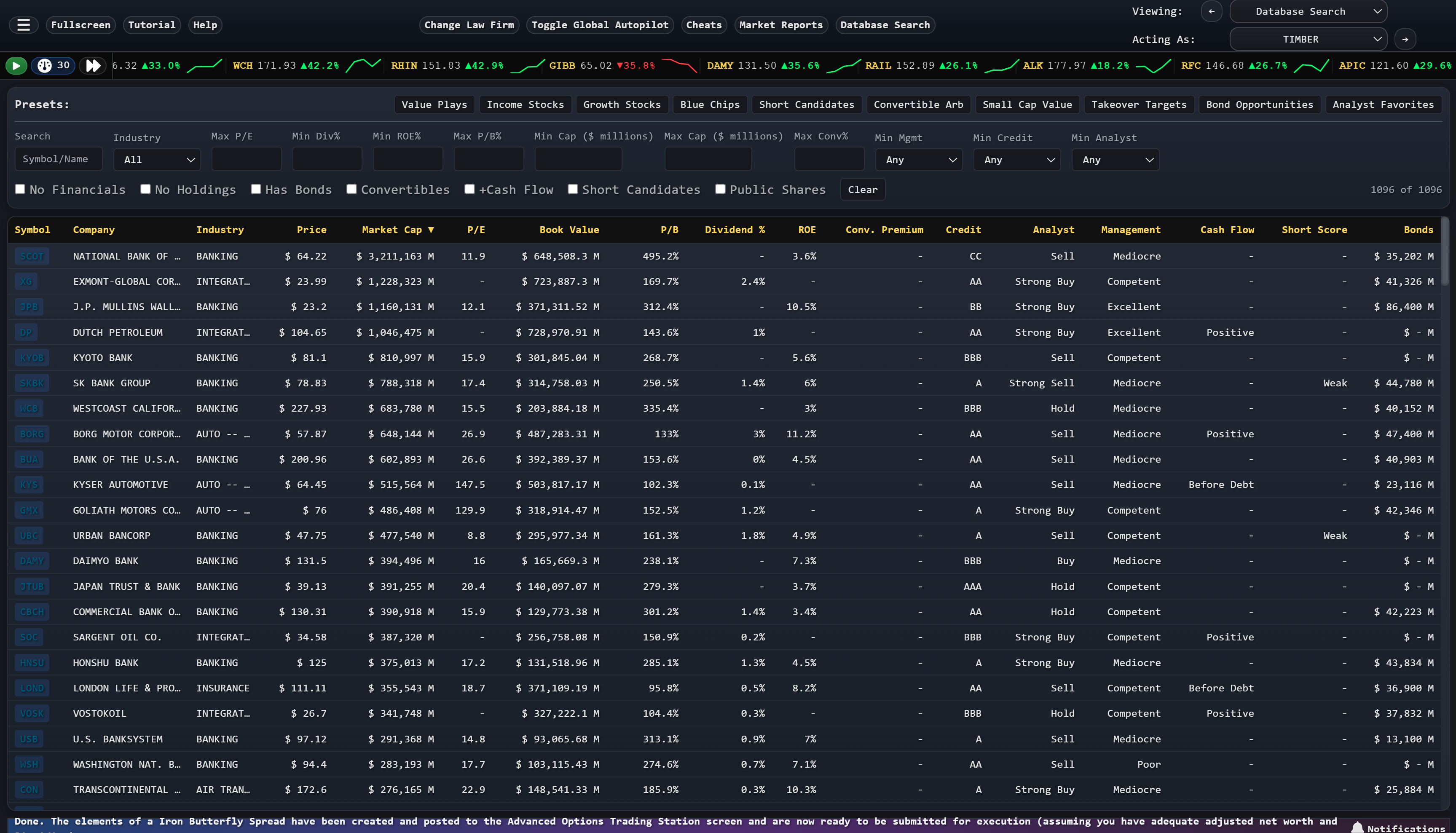 Stock screener database with filtering by financials, growth, dividends, and analyst ratings